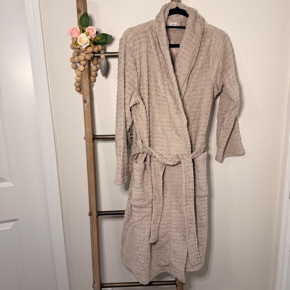Ulta Lounge Plush Waffle Knit Robe Bathrobe Beige Cozy Loungewear Large XL - Picture 2 of 10